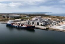 An Avenir LNG bunkering vessel navigates the ocean, showcasing sustainable maritime fuel infrastructure.