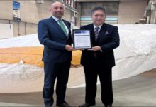 Seawing kite propulsion system deployed from a K Line cargo vessel at sea.