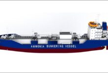 Illustration of a large ammonia bunkering vessel designed for green shipping.