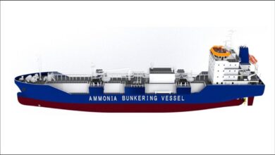 Illustration of a large ammonia bunkering vessel designed for green shipping.