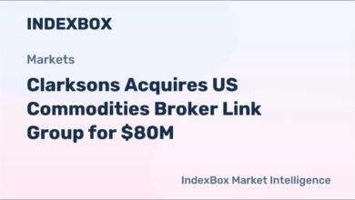 A large container ship loaded with cargo sails across the ocean, symbolizing global shipping.