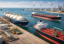 A large liquefied natural gas (LNG) carrier sails across the ocean.