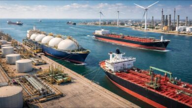 A large liquefied natural gas (LNG) carrier sails across the ocean.