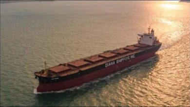 A Diana Shipping dry bulk carrier ship sails on the ocean.
