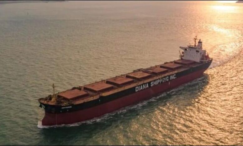 A Diana Shipping dry bulk carrier ship sails on the ocean.