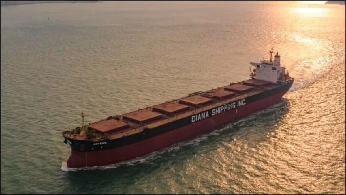 A Diana Shipping dry bulk carrier ship sails on the ocean.