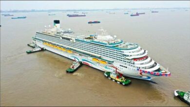 The large Chinese-built Adora Flower City cruise ship floats in a dry dock.
