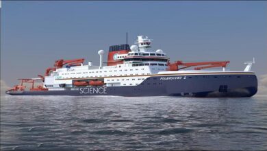 The new Polarstern 2 German research icebreaker sailing through icy waters.