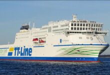 TT-Line's LNG-powered Ro-Pax ferry Nils Holgersson at a port.