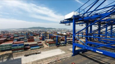 A large container ship being worked by multiple cranes at a busy port terminal.