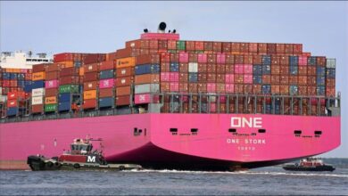 A large magenta ONE container ship loaded with cargo, sailing at sea.