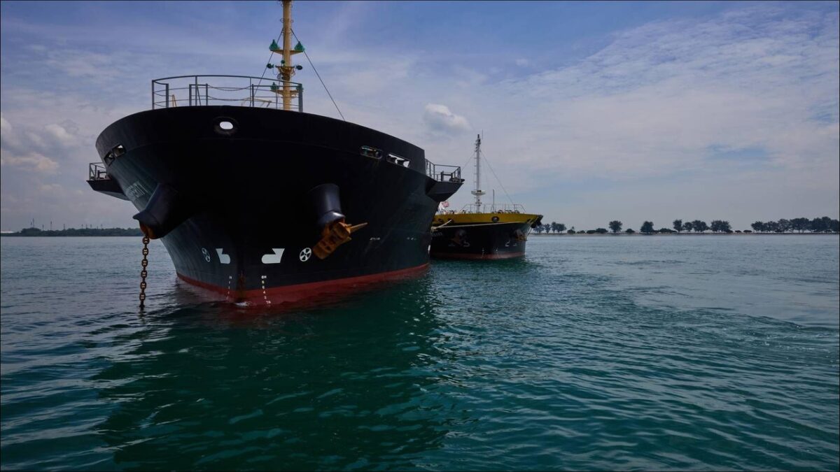 A Monjasa bunker barge operates in the port of Singapore.