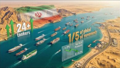 A large oil tanker navigates a strategic strait, symbolizing global energy shipping and market impact.