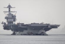 The US Navy supercarrier USS Gerald R. Ford underway at sea.