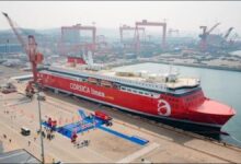 The newly delivered Stena RoRo E-Flexer RoPax ferry, showcasing its modern design on the water.