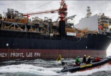Greenpeace activists protest an FPSO for the Rosebank oil field off Scotland.