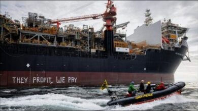 Greenpeace activists protest an FPSO for the Rosebank oil field off Scotland.