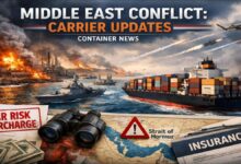 A large cargo ship sails on the water, symbolizing global maritime trade and oil shipments.