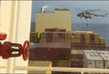 Container ship MSC Aries, reportedly seized by Iran's IRGC, navigating near the Strait of Hormuz.