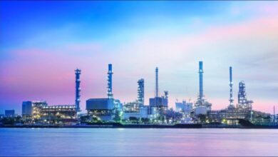 Modern ships and cranes at a bustling port, representing Singapore's maritime energy hub.