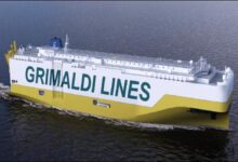 Grimaldi ammonia-ready car and truck carrier ship on the water.
