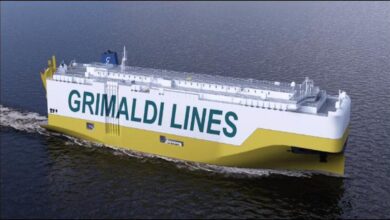 Grimaldi ammonia-ready car and truck carrier ship on the water.