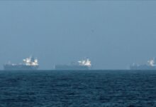 A container ship and a warship navigate a busy Gulf maritime trade route.