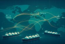 A large LNG carrier vessel sails past an industrial port.