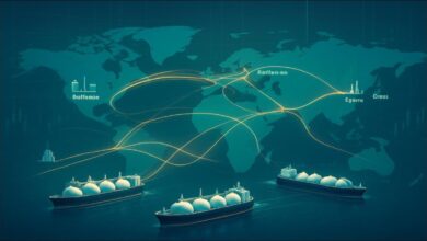 A large LNG carrier vessel sails past an industrial port.