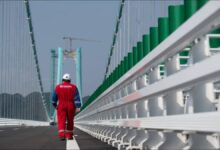 A large cargo ship in dry dock, likely receiving Hempel marine coatings.