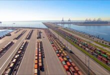 Container ships and cranes operate at a bustling European port terminal.