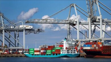 Container ships and cranes at the busy Port of Rotterdam, a major European maritime hub.