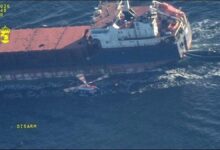 Swedish Coast Guard personnel in a rigid-hull boat boarding a large cargo ship at sea.