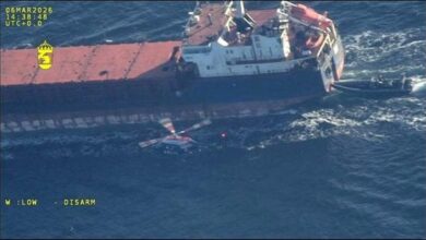 Swedish Coast Guard personnel in a rigid-hull boat boarding a large cargo ship at sea.