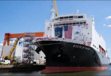 The new US training ship State of Maine, fully dressed for its naming ceremony.