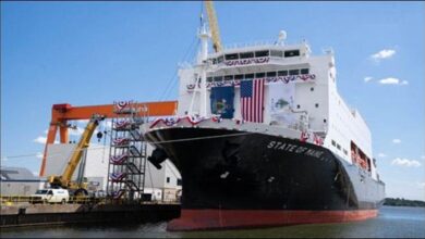 The new US training ship State of Maine, fully dressed for its naming ceremony.