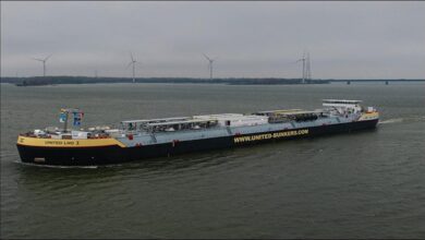 A modern LNG bunker barge, representing sustainable maritime fuel solutions.