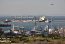 ElbOil bunker barge refueling a large tanker ship in port.