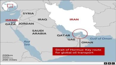 Map illustrating the strategic Strait of Hormuz between the Persian Gulf and Gulf of Oman.