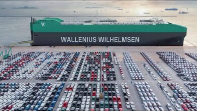 Wallenius Wilhelmsen car carrier ship at sea, to be fueled by bio-methanol.