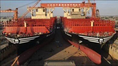 Newbuild MSC colossal containerships docked at a shipyard in China.