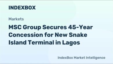 A large container ship docked at a busy port terminal with cranes and stacked containers.