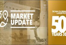 A large container ship loaded with cargo sails, representing global shipping and logistics.