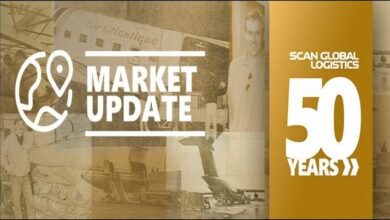 A large container ship loaded with cargo sails, representing global shipping and logistics.