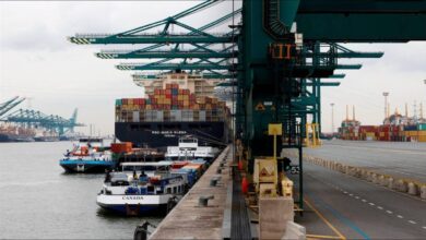 Shipping containers stacked high at a busy port terminal.