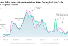 A large container ship transports colorful shipping containers across the ocean.