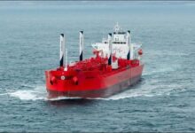 The Odfjell chemical tanker Bow Erikson sails on the open sea.
