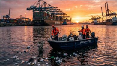 A large container ship, likely from DP World, sails on the open ocean.