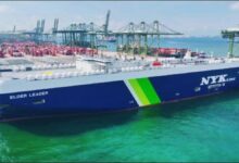 The NYK autonomous car carrier Elder Leader sails towards its maiden call in Singapore.
