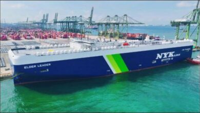 The NYK autonomous car carrier Elder Leader sails towards its maiden call in Singapore.